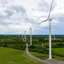 A row of large white wind turbines stands on green fields under a cloudy sky, generating renewable energy in a rural landscape.