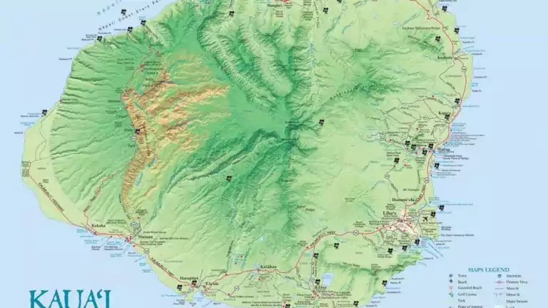 Topographic map of Kauai island, Hawaii, showing towns, highways, parks, beaches, golf courses, and natural features. The map highlights elevation changes with color gradients and includes a legend for symbols.