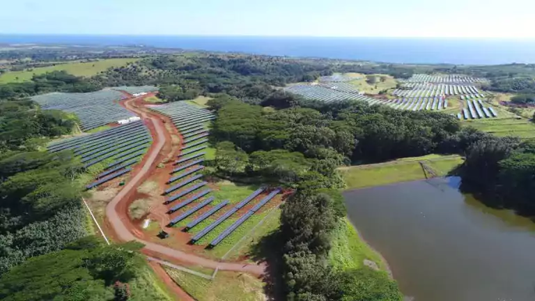 Aerial view of a large solar farm with rows of solar panels set among green fields, trees, and a pond, with the ocean visible in the distance under a clear sky.