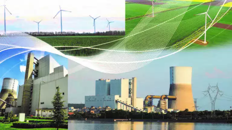 Collage showing renewable energy wind turbines on green fields above and a modern power plant with cooling towers and transmission lines below, symbolizing the transition from traditional to clean energy sources.