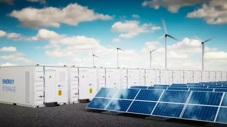 Rows of solar panels and large energy storage containers are shown in the foreground, with wind turbines spinning in the background under a partly cloudy sky, representing renewable energy generation and storage.