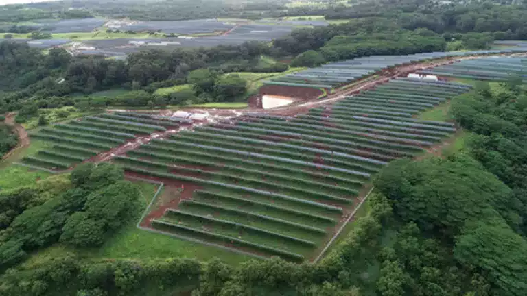 Aerial view of a large solar farm with rows of solar panels surrounded by green trees and vegetation, set in a rural landscape with hills in the background.