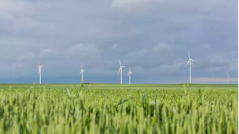 Wind turbines stand in a green field under a cloudy sky, generating renewable energy in a rural landscape.
