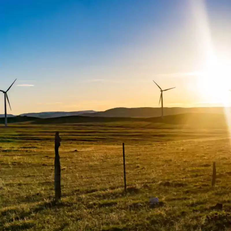 Wind turbines on a grassy field with a wooden fence in the foreground and the sun setting over distant hills, under a clear blue sky.
