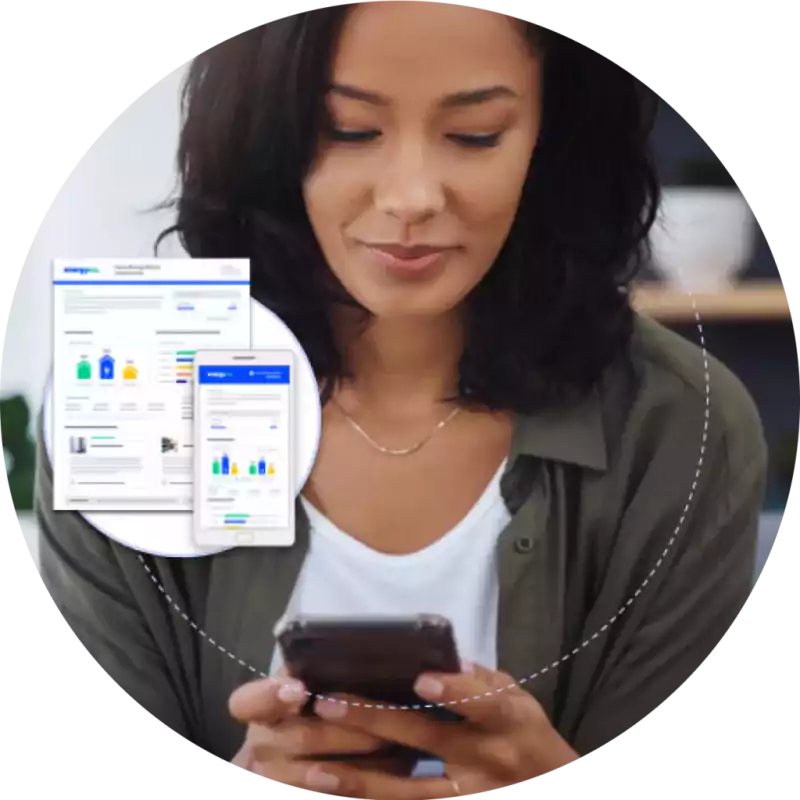 Woman looking at smartphone with digital documents and charts displayed on screen, representing online data access and mobile productivity.