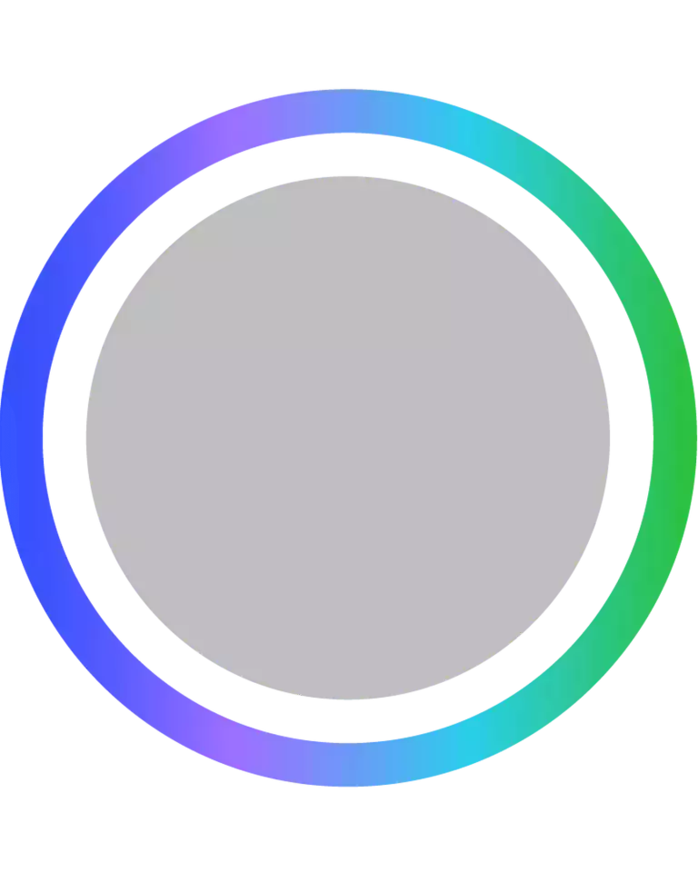 A gray circle with a thick black outline and an outer ring featuring a gradient color transition from blue to green on a transparent background.
