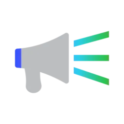 Simple illustration of a gray megaphone with blue and green sound waves coming out, symbolizing announcement or communication.