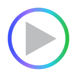 Gray play button icon inside a circular gradient border with blue, purple, and green colors on a transparent background.