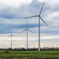 Three large wind turbines stand in a green field with trees in the background under a cloudy sky, illustrating renewable energy generation in a rural landscape.