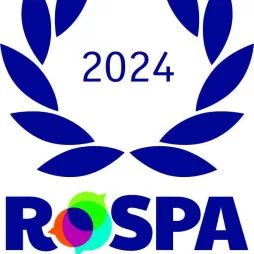 ROSPA Gold Award 2024 logo featuring a blue laurel wreath, the year 2024 in the center, and the ROSPA name with a colorful circular design. The words 'Gold Award' appear in gold below the logo.