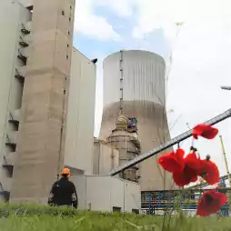 A worker wearing a helmet stands in front of an industrial power plant with large concrete cooling towers. In the foreground, red poppy flowers are in focus, contrasting with the industrial background under a partly cloudy sky.