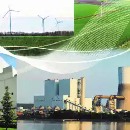 Collage showing renewable energy wind turbines on green fields above and a modern power plant with cooling towers and transmission lines below, symbolizing the transition from traditional to clean energy sources.