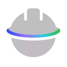 A gray stylized hard hat icon with a curved band in blue, purple, cyan, and green across the middle, on a white background.