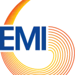 EMI logo featuring bold blue 'EMI' letters over a stylized orange and yellow spiral design resembling a vinyl record groove.