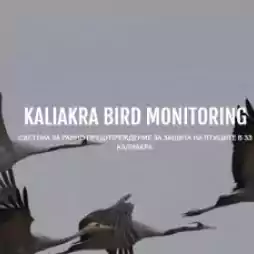 Four large birds flying near a wind turbine under a cloudy sky, with text overlay reading 'Kaliakra Bird Monitoring' and additional Bulgarian text about a bird protection system.