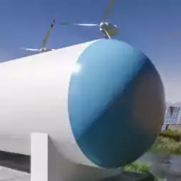 Hydrogen storage tanks with H2 label are set outdoors near solar panels and wind turbines, illustrating renewable energy production and zero emission technology under a clear blue sky.
