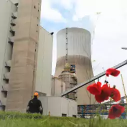 A worker wearing a safety helmet stands on grass in front of a large industrial power plant with tall cooling towers. Red poppy flowers are in the foreground, adding contrast to the industrial scene. The sky is partly cloudy.
